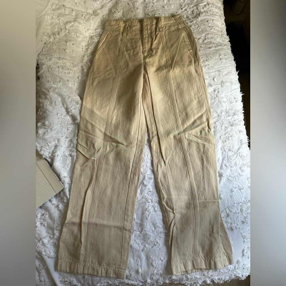Vince off white straight leg denim pants with seam down the front.